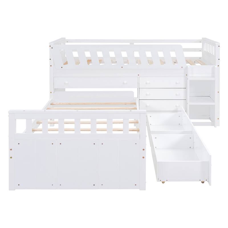 L-shaped Space-Saving Twin Loft and Twin Platform Bed with 7 Drawers and Full Guardrails