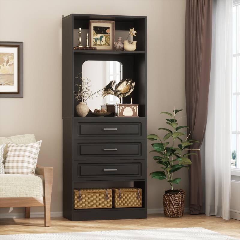Cimly 25'' Freestanding Closet System with Drawers and Mirror, Display Shelves Organizer with Shelving