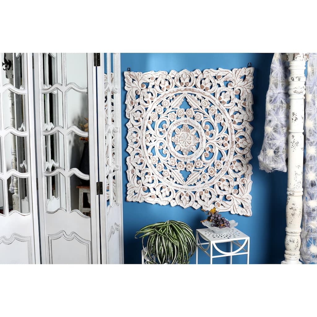 White Wooden Handmade Intricately Carved Floral Home Wall Decor with Mandala Design