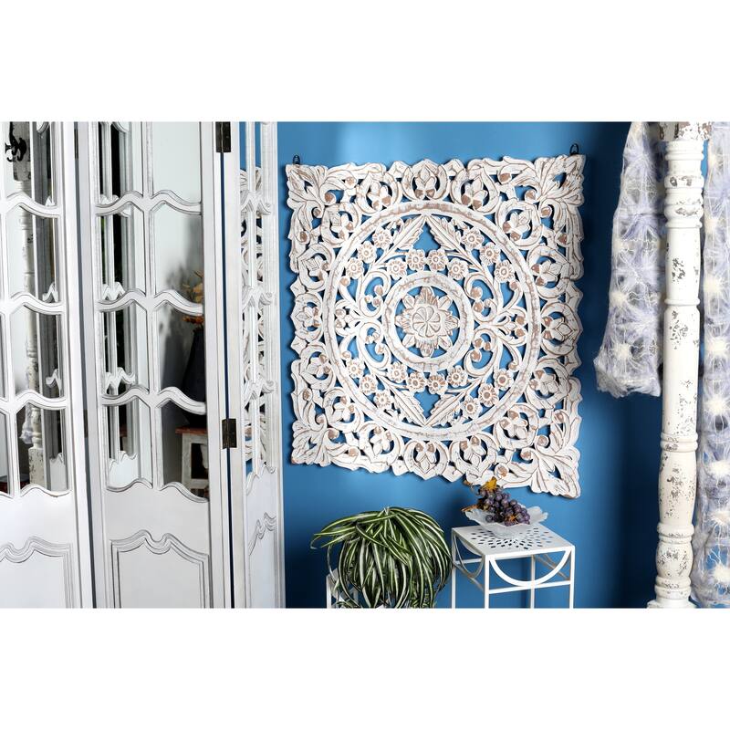 White Wooden Handmade Intricately Carved Floral Home Wall Decor with Mandala Design - White