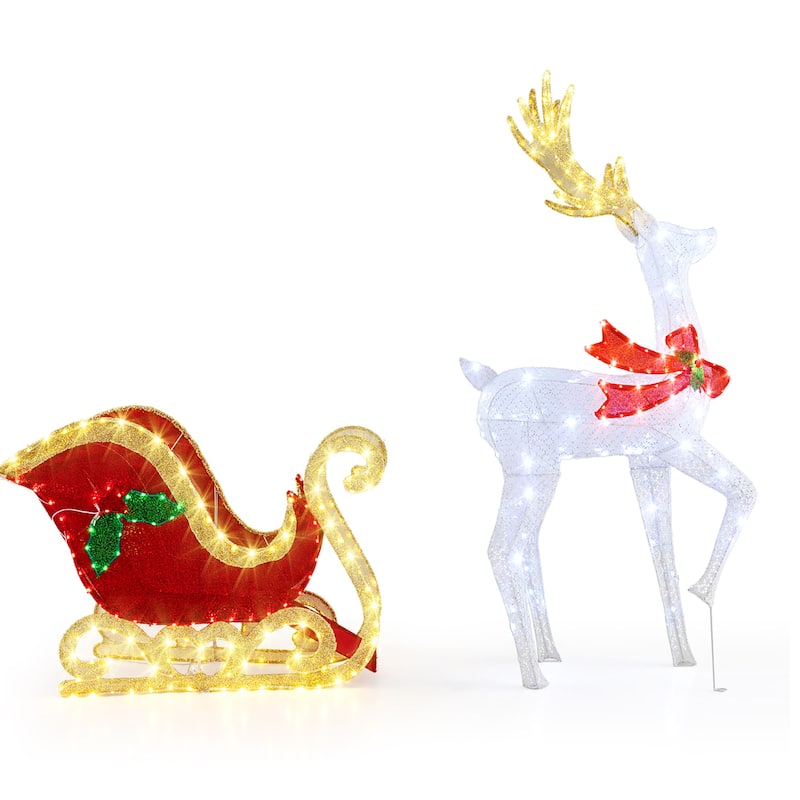 Gymax Lighted Christmas Reindeer & Sleigh Set Light-up Xmas - Multi - See Details