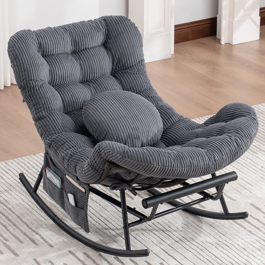 HOMEFUN Corduroy Upholstered Egg Shaped Design Steel Frame Rocking Chair with Side Pocket and Foot Pedal