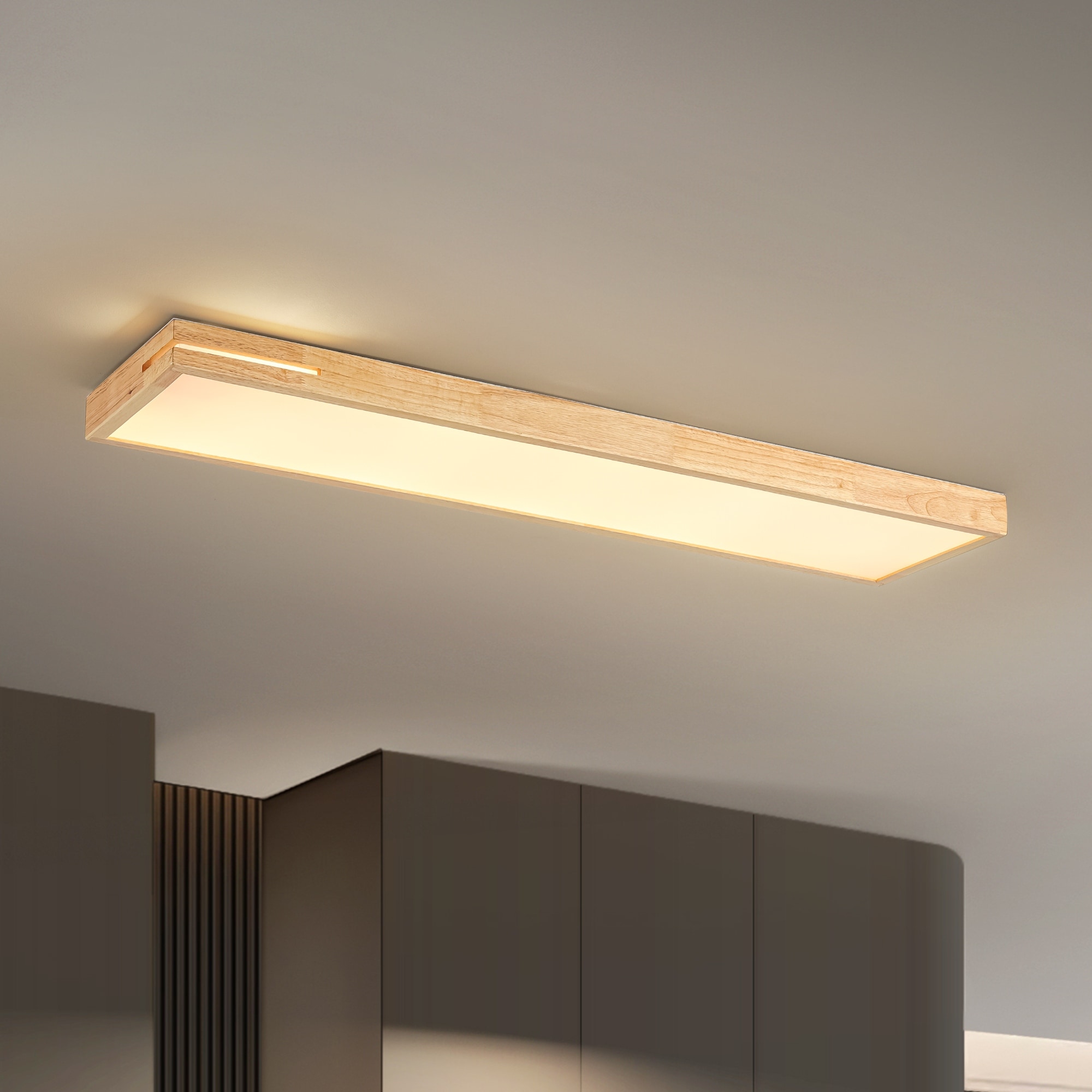 47.2" W Modern Minimalist Wood Rectanglualr Dimmable LED Flush Mount Ceiling Light for Kitchen, Bedroom, Living Room