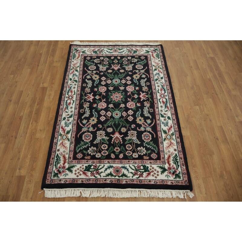 Hand Knotted Oriental 100% Wool Carpet Traditional All-Over Black Agra Area Rug - 6' 1'' X 4' 0''