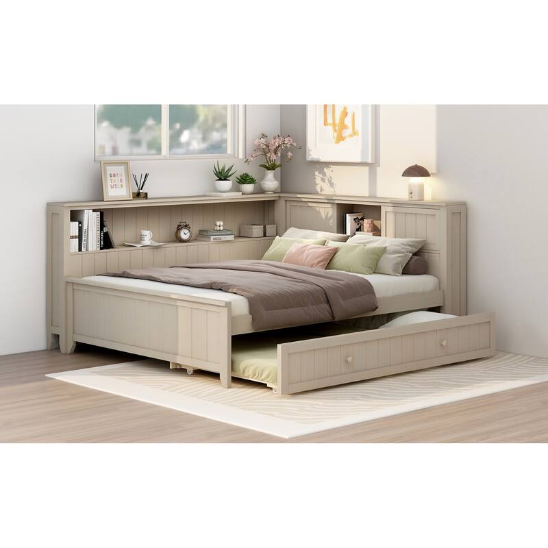 L-shape Bookcase Daybed Full Size Captains Bed with Pull-out Trundle Bed Antique White Milk Frame Sofa Bed Corner Platform Bed