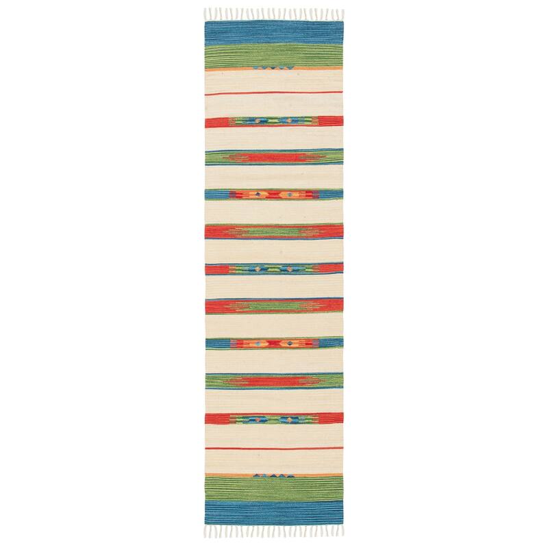 SAFAVIEH Handmade Montauk Tsunemi Southwestern Cotton Fringe Rug - 2'3" x 9' Runner - Green/Blue