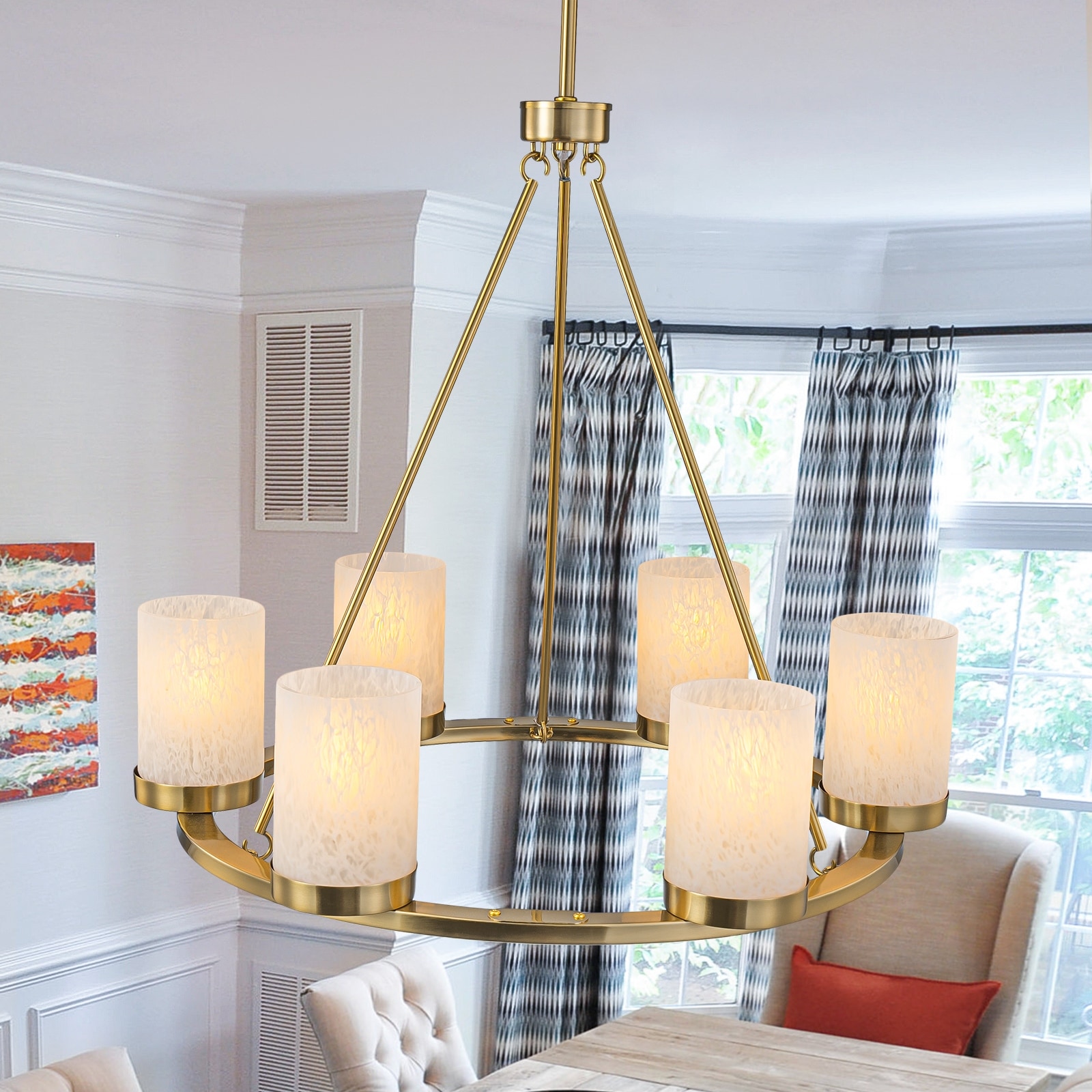 6-Light Modern Gold Ring Chandelier with Alabaster-style Glass Shades - Dia.26-in