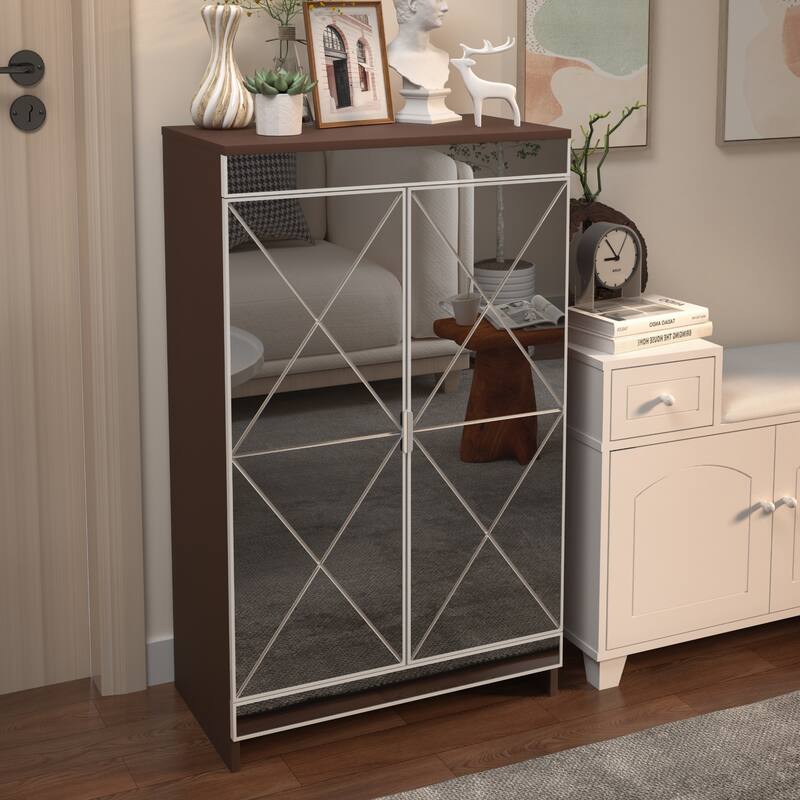 Modern Mirrored Shoe Storage Organizer Cabinet with Frosted Glass and Geometric Carvings for Elegant Storage in Small Spaces