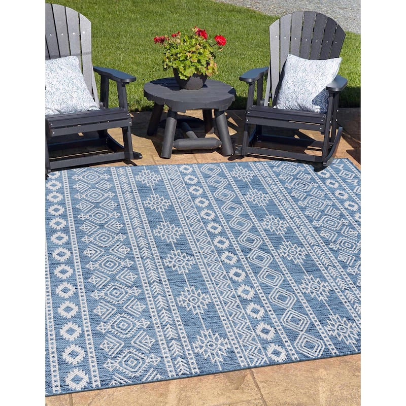 World Rug Gallery Geometric Boho Textured Flat Weave Indoor/Outdoor Area Rug - 5' X 7' - Blue