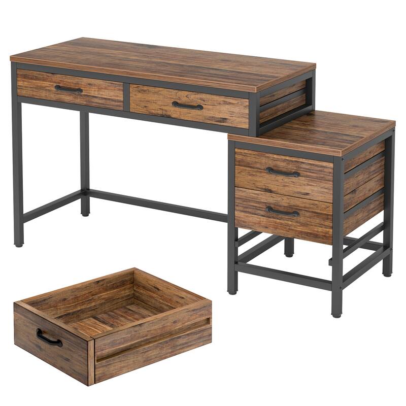 51" Reversible Computer Desk with 5 Drawers and File Cabinet, Rustic Brown