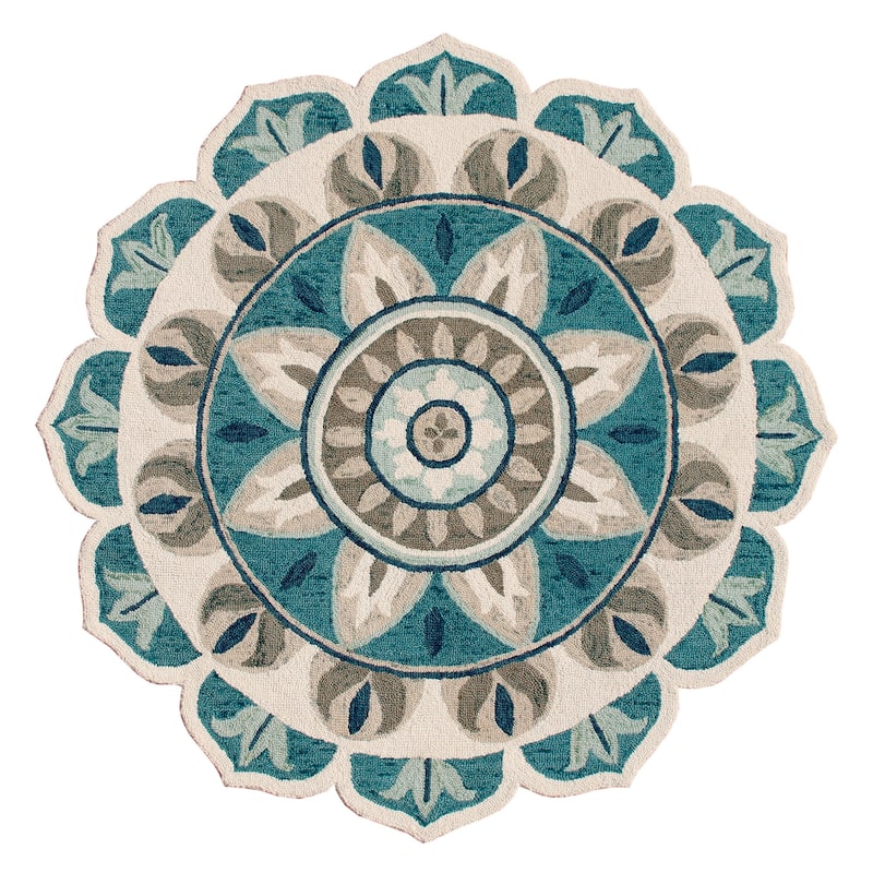 Sevita Dana Aqua Blue/Gray Bohemian Floral Hand-Tufted Wool Round Rug