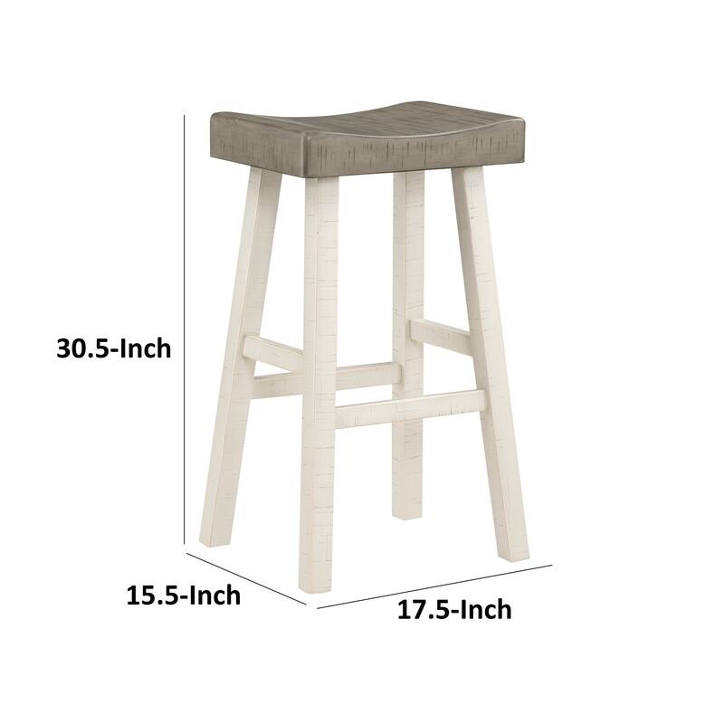 Casy 30 Inch Bar Height Stool, Gray Saddle Seat, White Rubberwood Frame