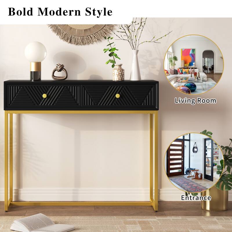 38" Modern Console Table with Two Drawers and Gold Metal Base for Entryway, Living Room