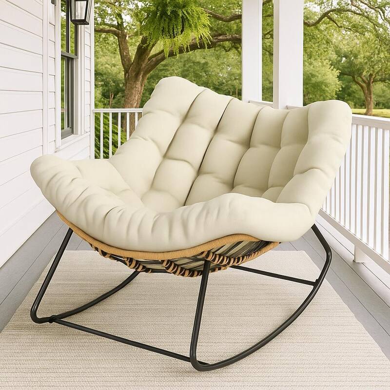 Oversized Outdoor Rocking Papasan Chair with Cushion - Beige