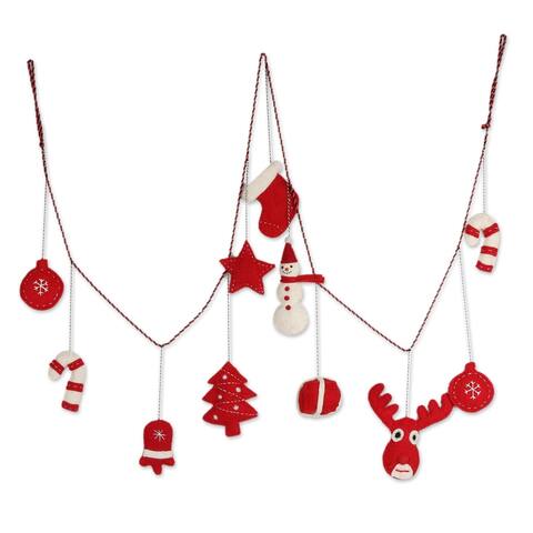 Novica Handmade Christmas Fantasy Wool Felt Garland - Red