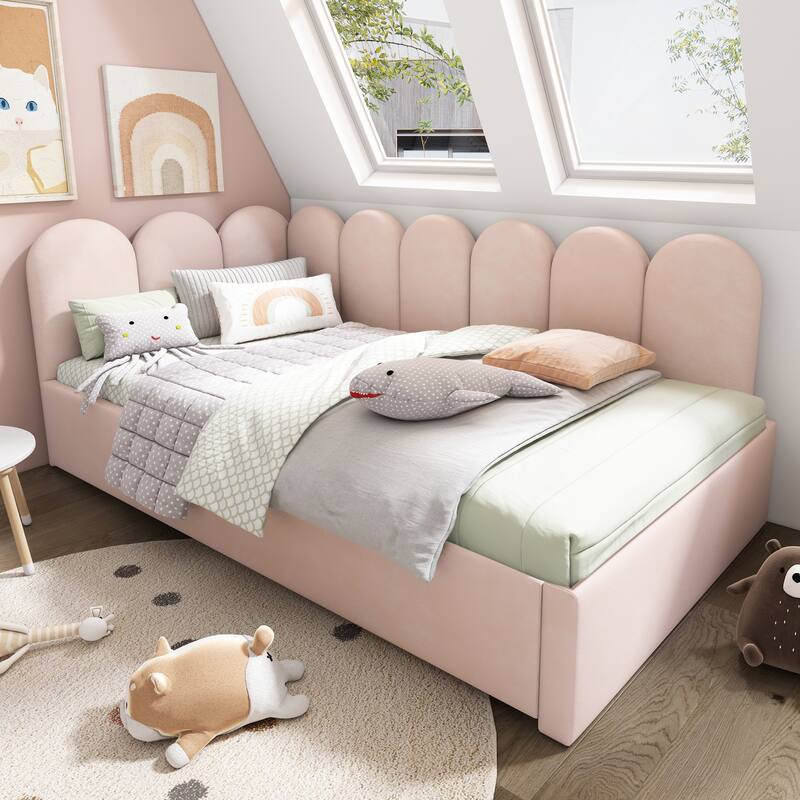 Twin Size Upholstered Daybed with Pull-Out Bed, Velvet Pink Sofa Bed for Adults and Kids, Metal Slatted Frame