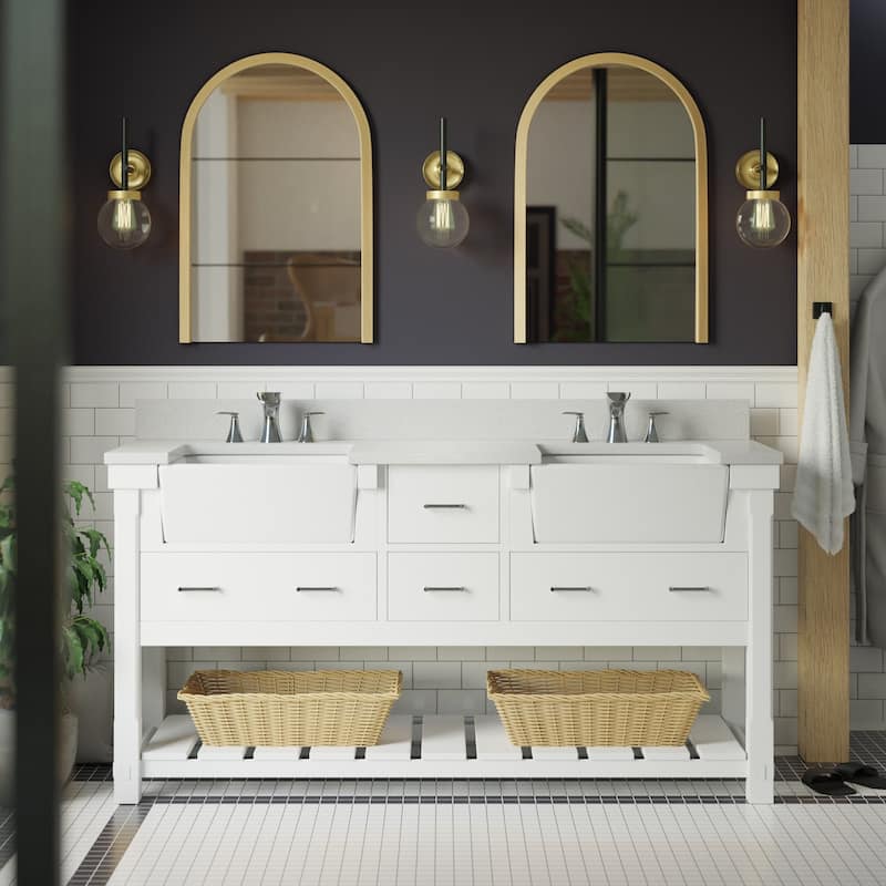 KitchenBathCollection Charlotte 72" Double Farmhouse Vanity with Quartz Top - White