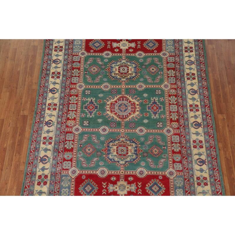 Hand Knotted Oriental 100% Wool Carpet Traditional Geometric Green Kazak Area Rug - 9' 9'' X 6' 7''