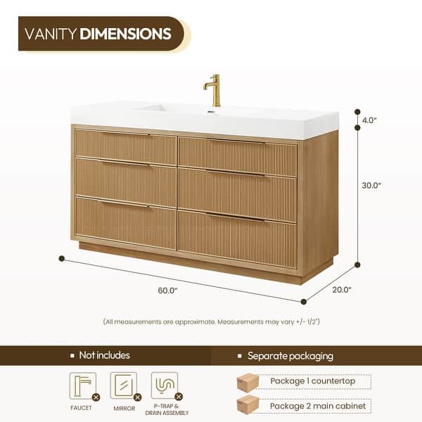 dimension image slide 4 of 6, Hohhot Bath Vanity with Integrated Stone Sink Top without Mirror