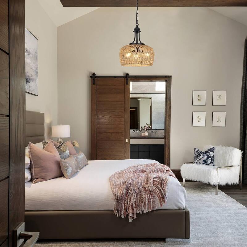 Farmhouse Chandelier for Dining Room, 3-Light Rattan Chandelier Light Fixture Ceiling Hanging with Woven Lampshade