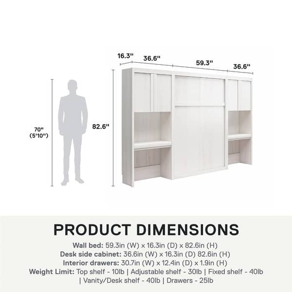 Signature Sleep Paramount Full Murphy Bed Bundle with 2 Vanity/Desk Storage Cabinets with Drawers, Ivory Oak