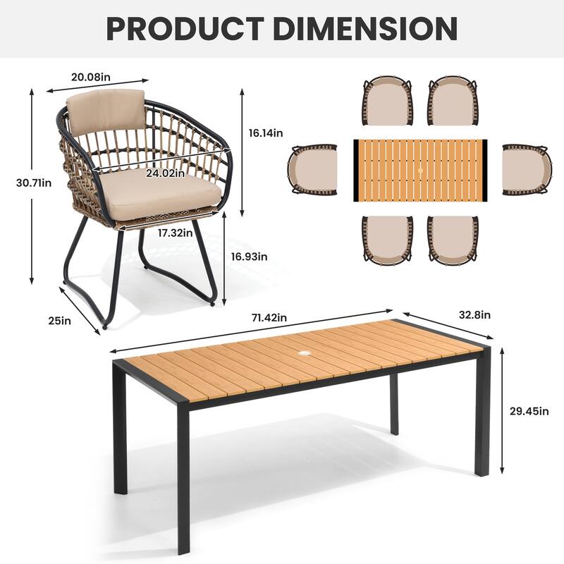 7/9-Piece Outdoor Premium Aluminum Dining Table with Umbrella Hole and PE Rattan Chairs
