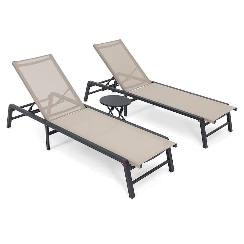 Foldable Lounge Chairs with 5 Reclining Positions and Round Table - N/A - Beige