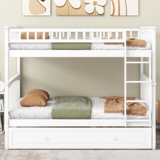 Full over Full Bunk Bed Frame w/Trundle-Convertible to 2 Platform Bedframe