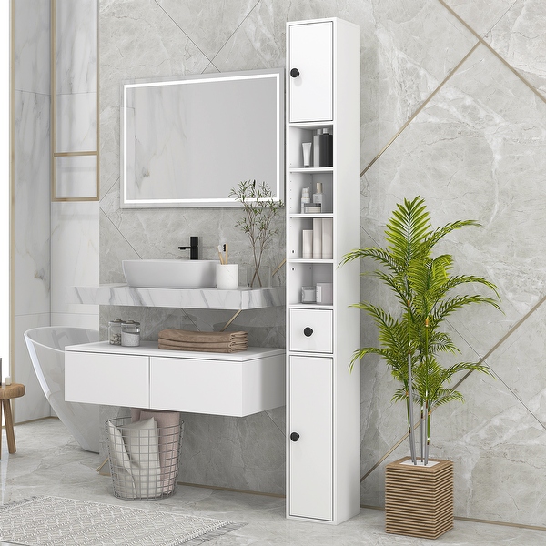 Kleankin 71 Tall Bathroom Storage Cabinet Narrow Toilet Paper Cabinet with Open Shelves 2 Door Cabinets Adjustable Shelves On Sale Bed Bath Beyond 39284379