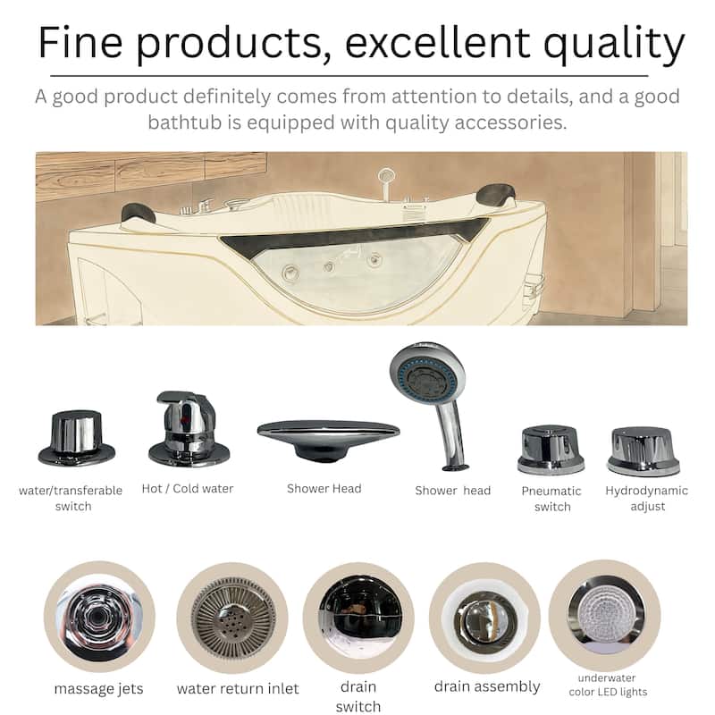 59" Corner Jetted Bathtub for Two with 6 Hydro Massage Jets