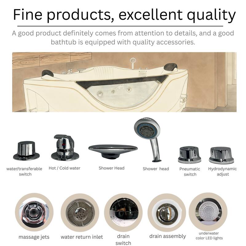 59" Corner Whirlpool Bathtub for 2-Person, Luxury Jetted Spa Tub