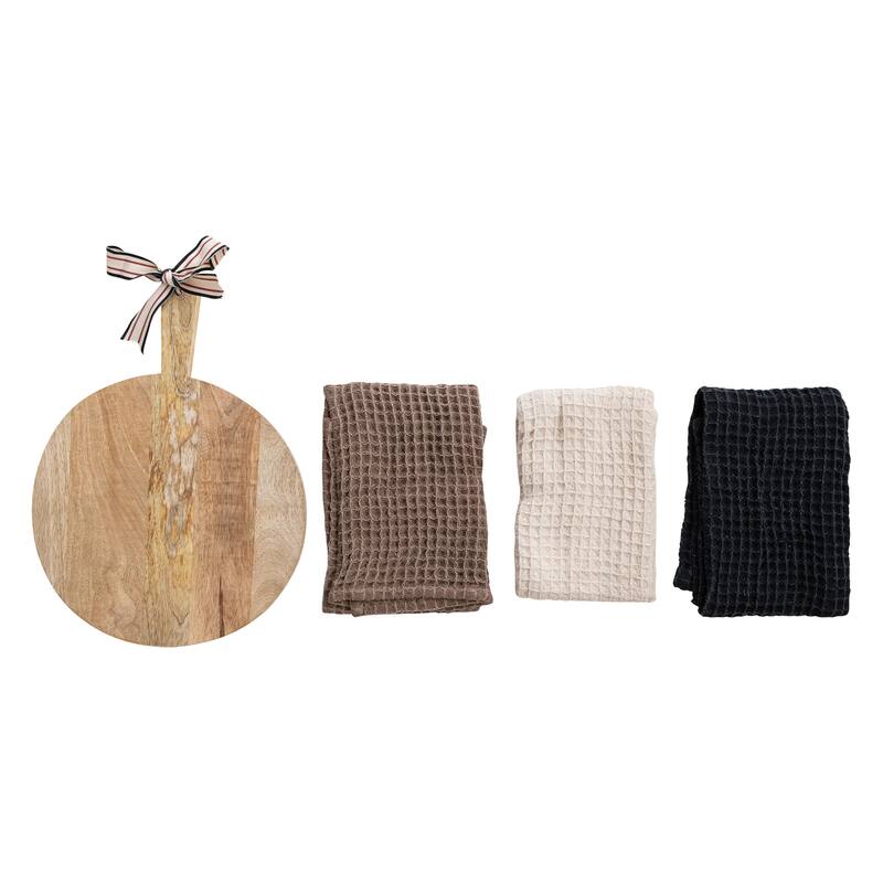 Mango Wood Cheese Board and 3-Piece Stonewashed Cotton Tea Towel Set - 28.0"L x 18.0"W x 0.25"H