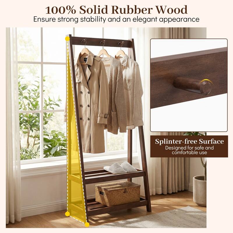 Gymax Rubber Wood Garment Rack w/3 Hooks & 2 Shelves for Entryway