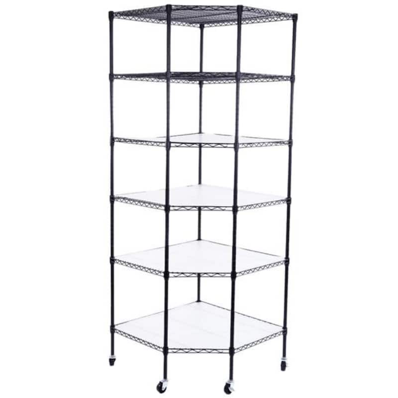 6-Layer Plastic Coated Polygonal Corner Shelf with 2" PP Wheels - (26.77 x 26.77 x 70.87)" - Black
