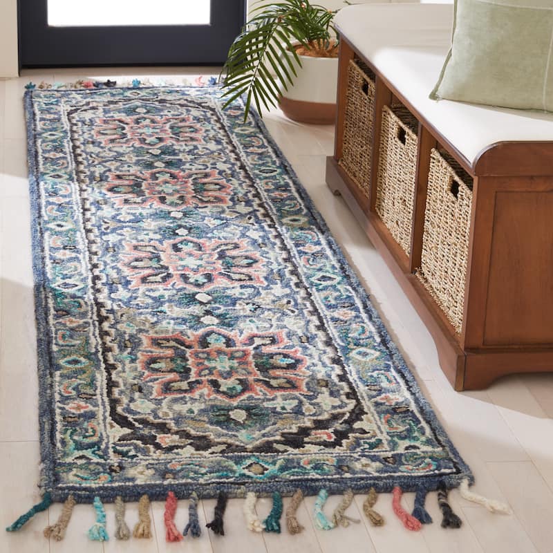 SAFAVIEH Handmade Aspen Catrine Boho Wool Tassel Rug - 2'3" x 7' Runner - Pink/Blue