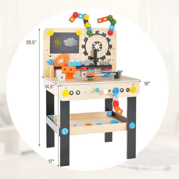 dimension image slide 1 of 2, Multi-Color Pretend Play Workbench Tools Set with 1 Bottom Storage Shelf - 18" x 14.5" x 28.5"