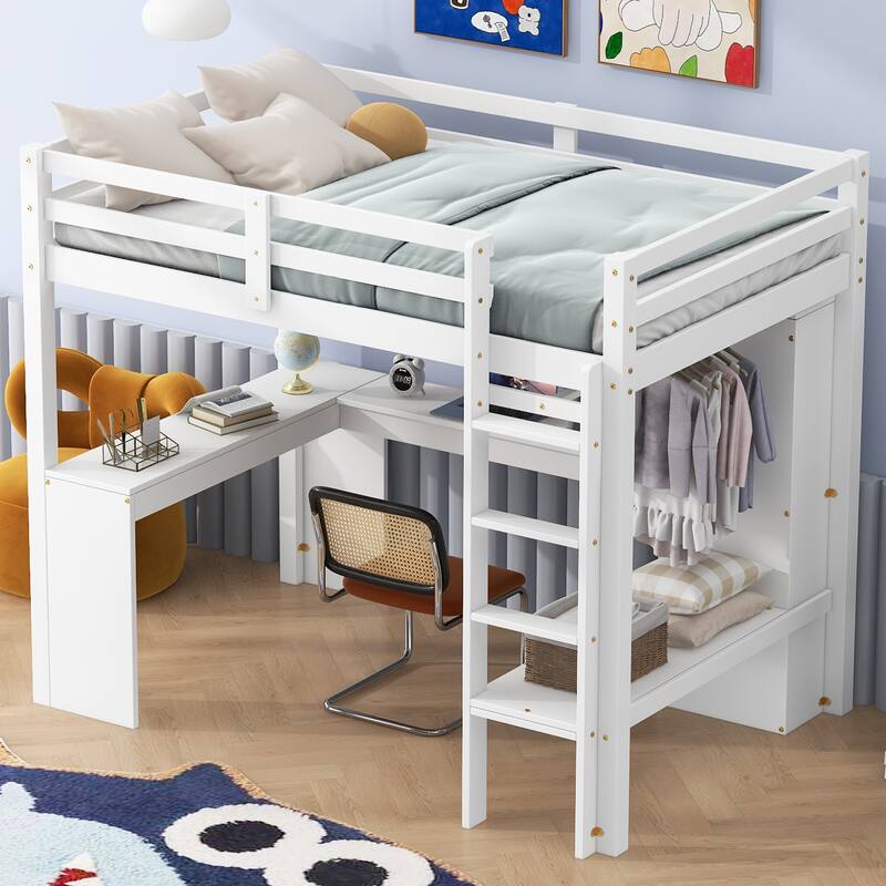 Twin Size Loft Bed with L-Shaped Desk, Wardrobe, Storage Shelves & Full-Length Guardrails, No Box Spring Needed