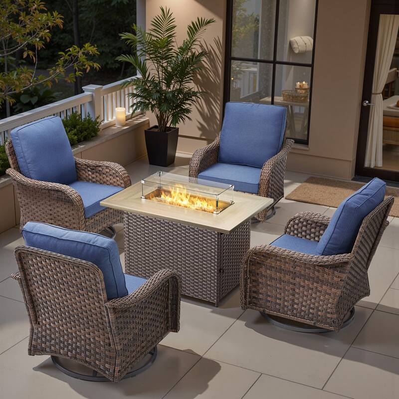 Pocassy Patio Funiture Sofa Swivel Chairs Ottoman with Fire Table Set - Blue Cushion - Brown Wicker - 5-Piece Swivel Chair with Fire Pit Table
