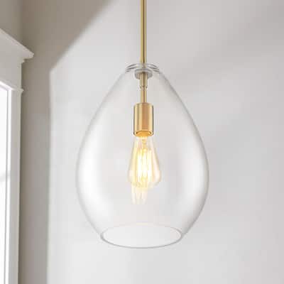 1-Light Modern Industrial Kitchen Island Pendant Light with Clear Olive-Shaped Glass Shade