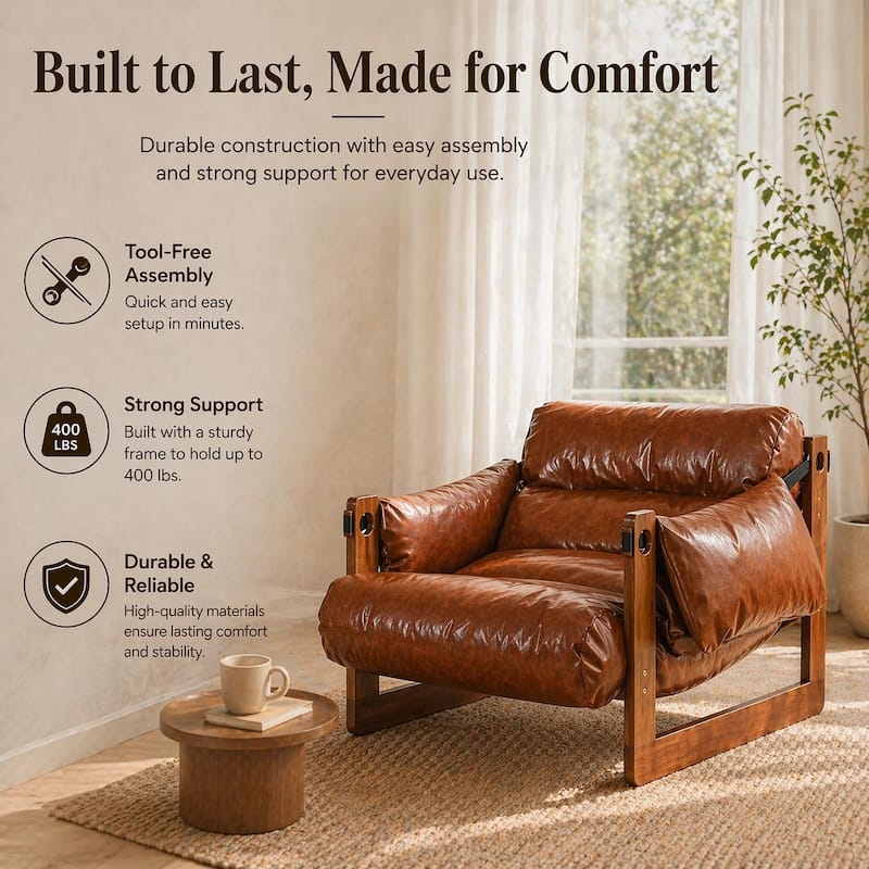 Retro Modern Faux Leather Lounge Chair with Sculptural Design