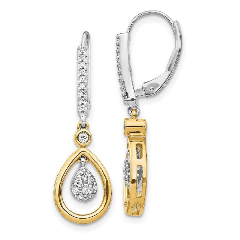 Curata 14k Two tone Oval Cluster Diamond Leverback Earrings - 31x9mm Wide