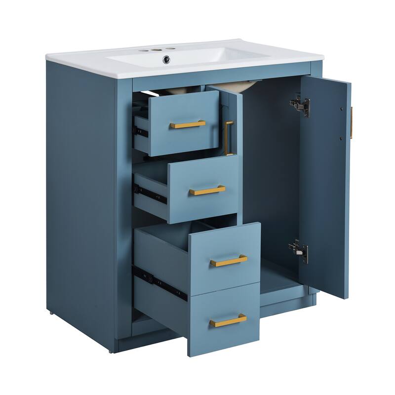 30" Bathroom Vanity with Ceramic Sink - Solid Wood Frame, 3 Drawers & 2 Soft-Close Doors - Modern Freestanding Storage Cabinet