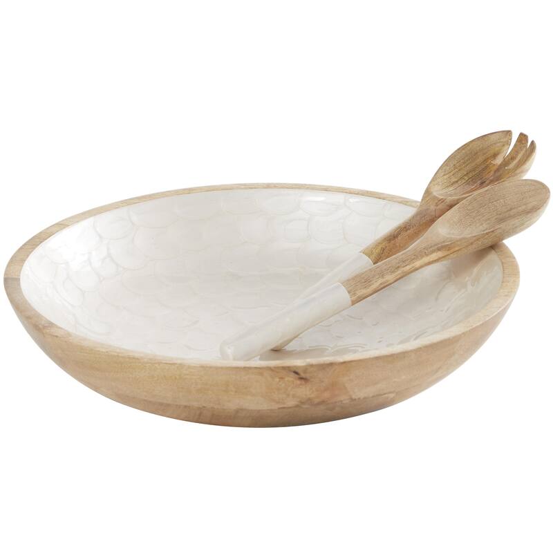 Mango Wood Handmade Decorative Bowl with Matching Salad Serving Utensils - Set of 3 Cream or Green - Roche River Decor