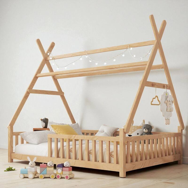 Twin/Full Size House Bed with LED Light and Fence, Wooden Low Floor Kids Bed Frame with Roof for Boys and Girls