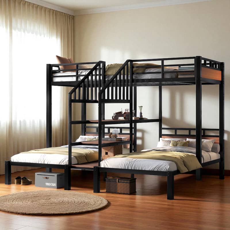 Twin/Queen over Twin over Twin Metal Triple Bunk Bed with Storage Shelves & Built-in Stairs, Black Heavy Duty Frame