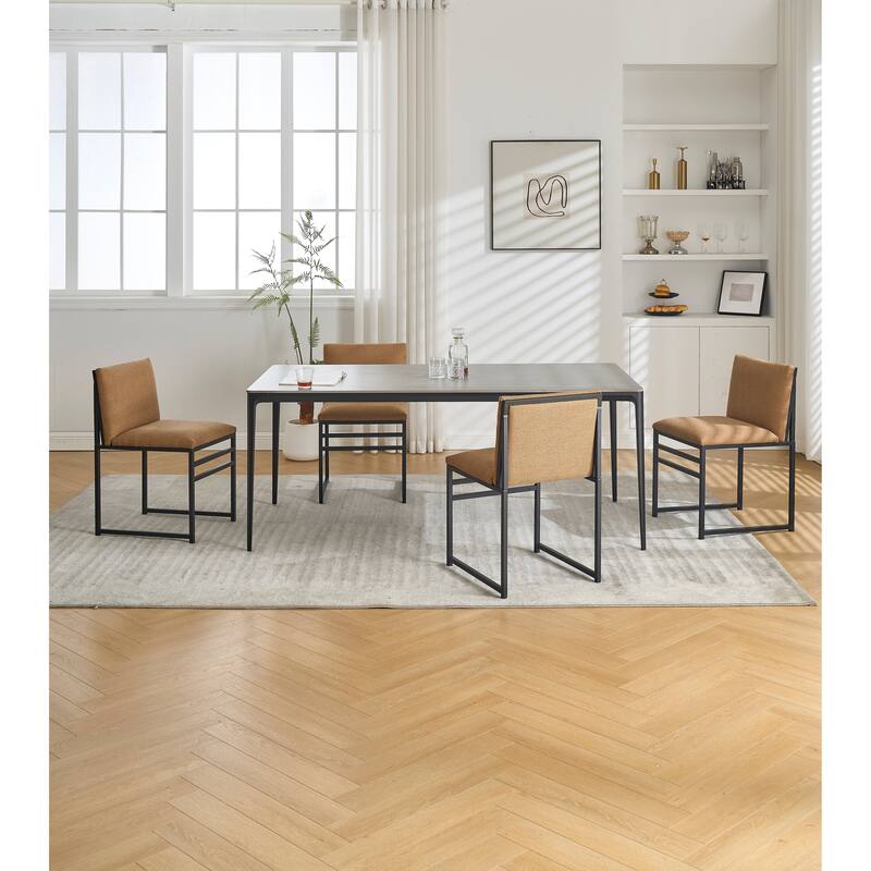 Set of 2 Modern Dining Chairs, Coffee Brown Linen Upholstery with Minimalist Iron Frame