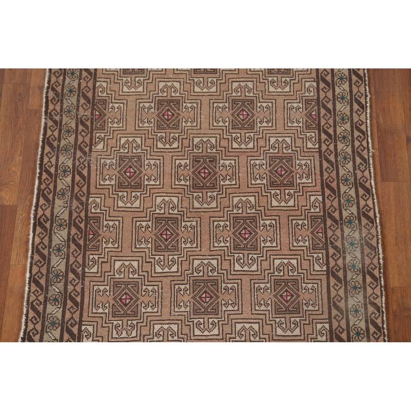 Geometric Balouch Persian Vintage Runner Rug Handmade Wool Carpet - 3'4" x 8'8"