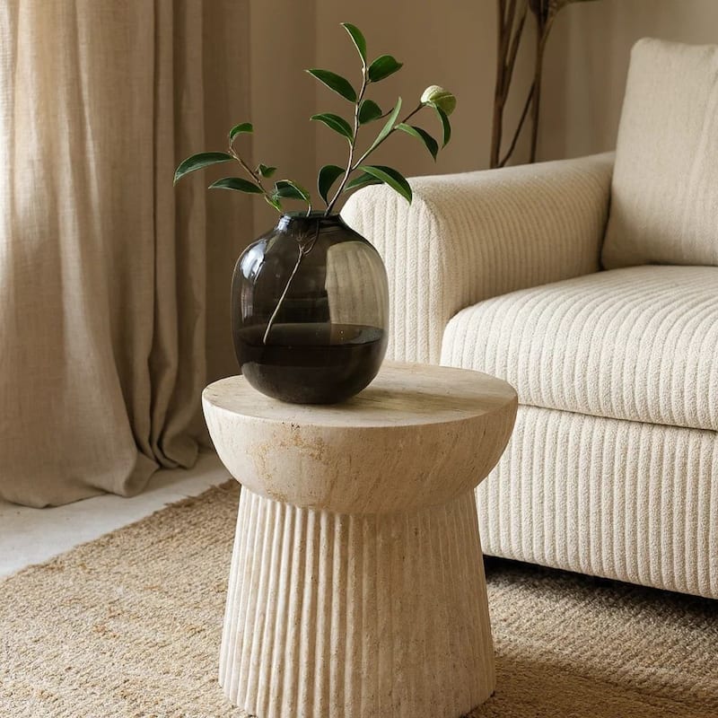 Archi Plant Stand Table, Fluted Design Marbled White Resin 17 Inch