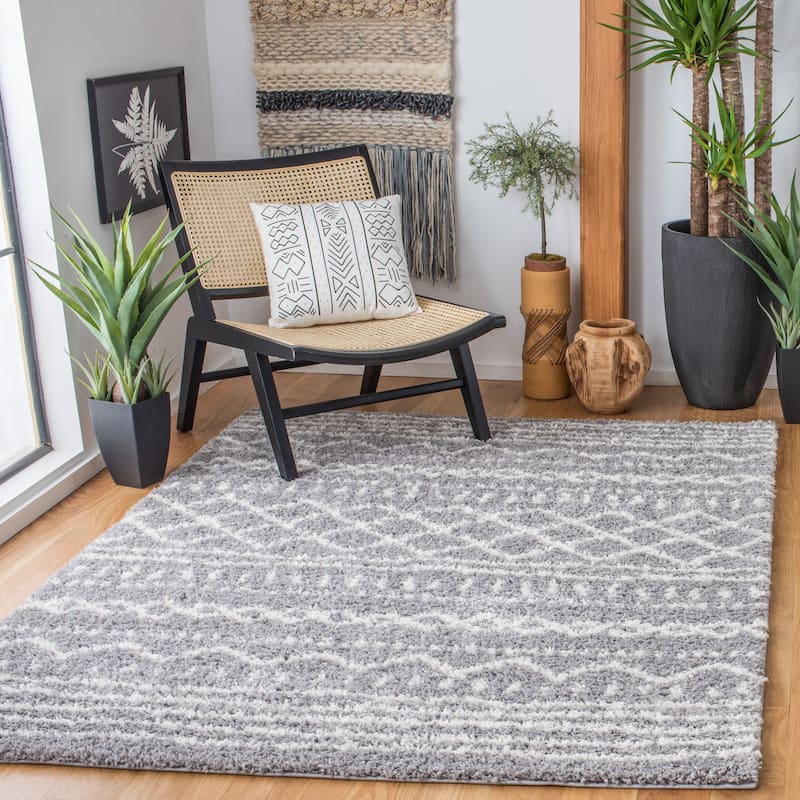 SAFAVIEH Arizona Shag Lotta Moroccan 1.2-inch Thick Rug - 3'2"x3'2"Square - Grey/Ivory