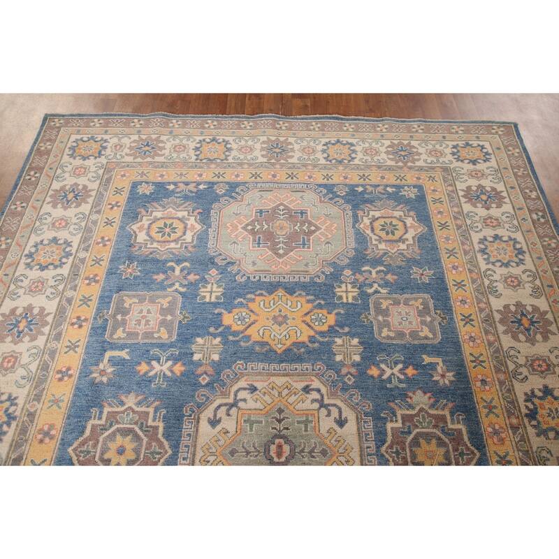 Geometric Blue Kazak Living Room Area Rug Hand-Knotted Wool Carpet - 6'8" x 9'9"